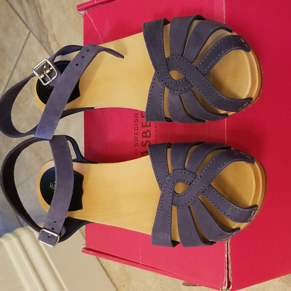 Swedish Hasbeens blue suede cross strap clog sandal sz 40